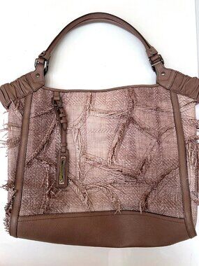 Authentic BURBERRY Frayed Woven Canvas Leather Tote Hobo Bag Taupe Boho Chic